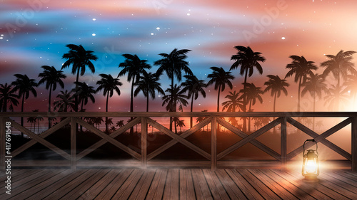 Night seascape with sunset and wooden pier by the sea. Evening Shore with palm trees, beach party. Neon sunset, sunlight, neon lights, neon reflection in water. 3D illustration. 