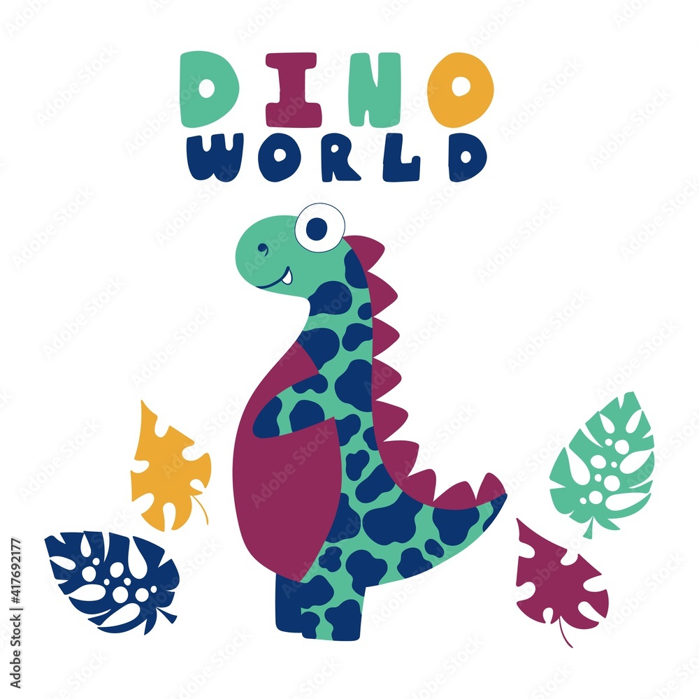 Naklejka premium Funny cartoon motley dinosaur with jungle leaves stock vector illustration. Cartoon megalosaurus cute dino print for boys and girls. Dino world childish print for t-shirts, posters, cards and more