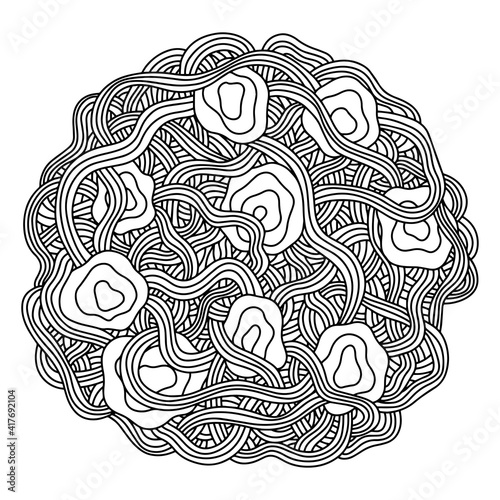 Pasta spaghetti and meatballs coloring page stock vector illustration. Hand drawn italian cuisine food plate. Traditional homemade italian dish with pasta. Colouring page for kids and adults with food