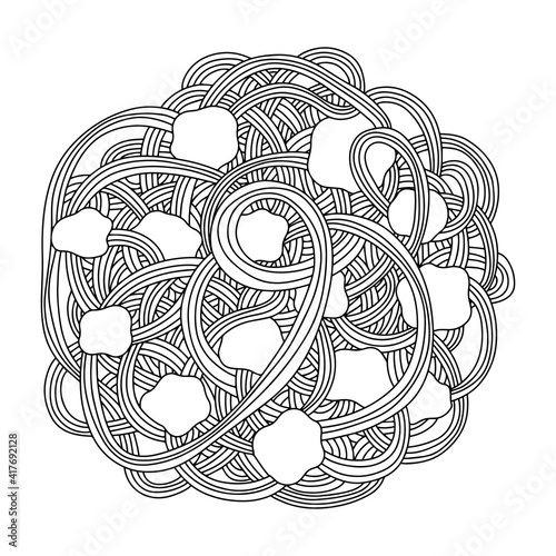 Spaghetti and meatballs food plate coloring page stock vector illustration. Traditional Italian cuisine home made dish with pasta. Tasty spaghetti dish black outline white isolated. One of a series