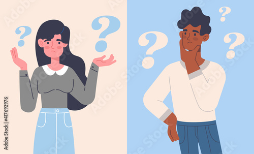 Set of a diverse multiracial man and woman making choices or decisions standing deep in thought surrounded by question marks, flat cartoon colored vector illustration