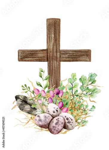 Easter christian cross with green ferns, eggs and feather photo