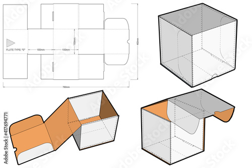 Cardboard box for sending mail. Flute Type E (Internal measurement 15 x 15 + 15 cm) and Die-cut Pattern. Ease of assembly, no need for glue.  The .eps file is full scale and fully functional.