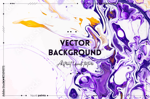 Fluid art texture. Abstract backdrop with iridescent paint effect. Liquid acrylic artwork with trendy mixed paints. Can be used for website background. Violet, white and golden overflowing colors