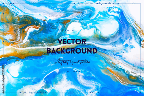 Fluid art texture. Background with abstract iridescent paint effect. Liquid acrylic artwork with artistic mixed paints. Can be used for baner or wallpaper. Blue, golden and white overflowing colors