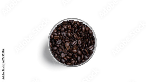 Coffee beans in glass jar isolated on whie background.