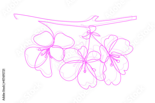 Vector modern set of isolated hand drawn doodle flowers. Sakura, cherry, plum flowers. Pattern of flowers drawn by one line on a white background.