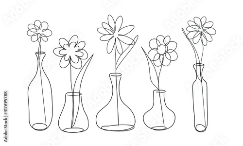 Vector modern set of isolated hand drawn doodle flowers in vases, bottles. Pattern flowers  drawn by one line on a white background.
