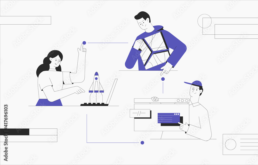 Business start up, teamwork, business concept. Business chain creation, rockets flying out of a laptop, man holding an abstract puzzle in his hands. Modern flat outline style. Business start up, teamwork, business concept. Business chain creation, rockets flying out of a laptop, man holding an abstract puzzle in his hands. Modern flat outline style.