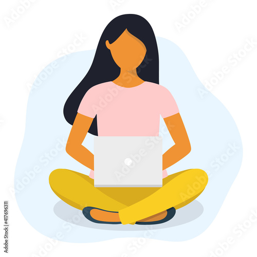 Woman sitting in lotos pose working on a laptop. Online learning, studying,  homework concept. Flat style vector illustration.
