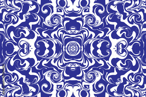Liquid ink swirl abstract background texture. Artistic Blue and white Seamless pattern. Vector illustration