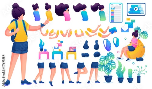 Constructor for creating a young teen girl. Create your own beautiful girl character with a set of hands and feet. Flat 2D vector illustration N2