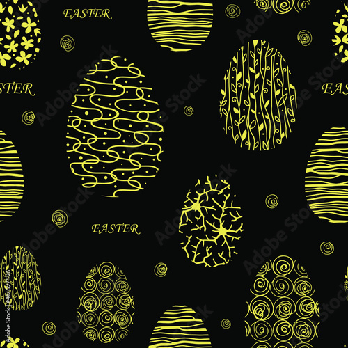 Gold ester eggs on a black background. Seamless pattern. Vector illustration.