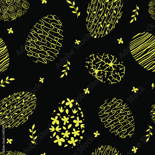 Gold ester eggs on a black background. Seamless pattern. Vector illustration.