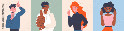 Four positive diverse multiracial successful people giving a thumbs up gesture or like sign showing their approval, set of flat cartoon colored vector illustrations