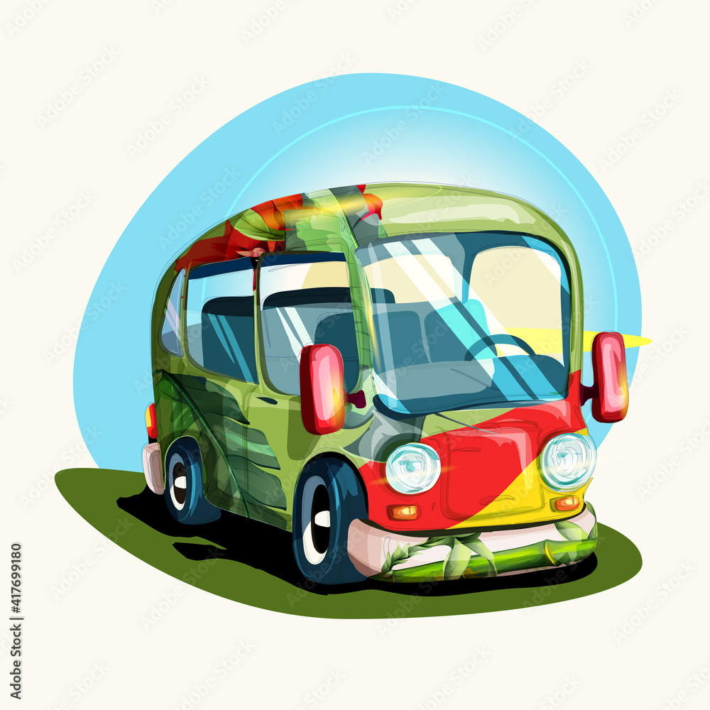 Hippie car for beach with flowers and tropical leaf on it. Han drawn illustration, isolated on white. Can be used in desing purpose.