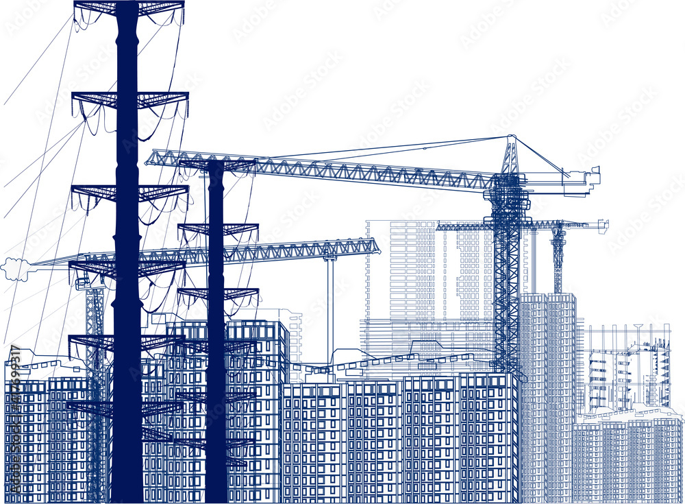 dark blue outlines of cranes and electric line dark blue outlines of cranes and electric line