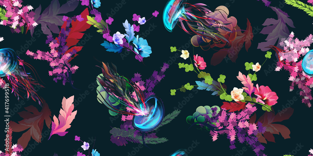 Fototapeta premium Wide vintage seamless background pattern. Jellyfish, underwater plants, with wild flowers on dark. Abstract, hand drawn, vector - stock.