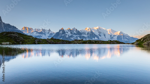 Great Mont Blanc glacier with Lac Blanc. Location place Chamonix famous resort  Graian Alps  France  Europe.