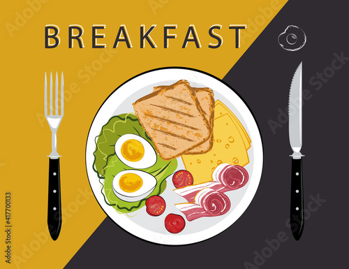 Classic hearty breakfast. Nicely served food on a plate with a fork and knife. Boiled eggs, fresh lettuce, cilantro, bacon, cherry tomatoes, slices of cheese, toast. An energizing family meal.
