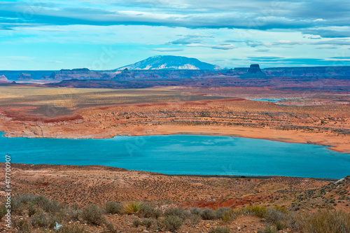 USA, Arizona. Page, Lake Powell and Navajo Mountain from Wahweap Overlook.