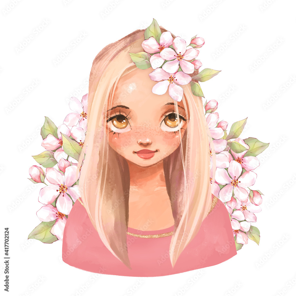 Spring cartoon portrait of young beautiful woman with flowers