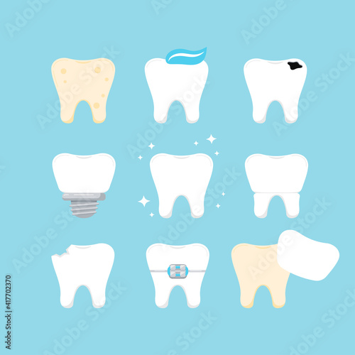 Teeth dental icon set isolated. Tooth collection - plaque, caries hole, implant, clean healthy, crown, chipped, in braces and veneer. Vector flat design cartoon style tooth illustration.