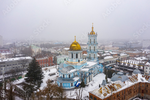 The Sumy city in the fog Ukraine at the winter aerial view photo