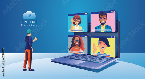 Virtual event People use Video conference landing Working Businessman on window screen taking with colleagues. Videoconferencing and online meeting workspace page, man and woman learning Vector, Flat