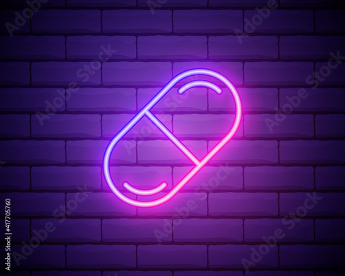 medicine pill icon. Elements of web in neon style icons. Simple icon for websites, web design, mobile app, info graphics isolated on brick wall