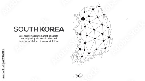 South korea communication network map. Vector image of a low poly global map with city lights. Map in the form of lines and dots