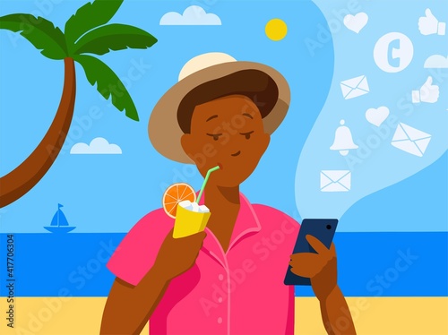 Cartoon style. A person with a smartphone on the beach vacation, modern life with smartphones. Phone addiction. Endless notifications