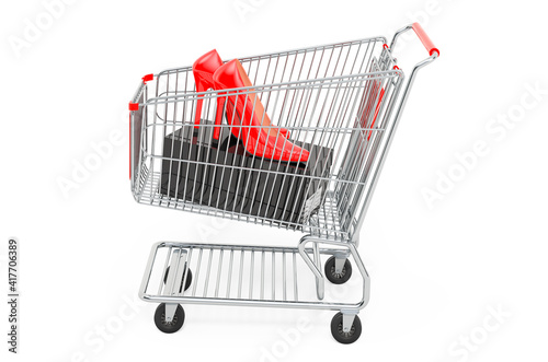 Shopping cart with high heel shoes. 3D rendering