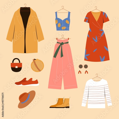 Set of woman clothes and accessories. Coat, sneakers, hat, earings, sunglasses, dress, boots, handbags. Vector illustration.