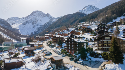 Drone pictures of the beautiful village of Grimentz and the valley of Anniviers, Switzerland. 