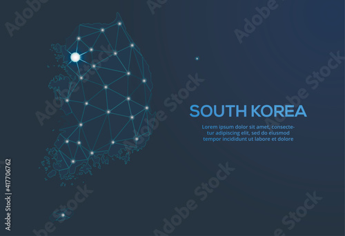 South korea communication network map. Vector low poly image of a global map with lights in the form of cities. Map in the form of a constellation, mute and stars