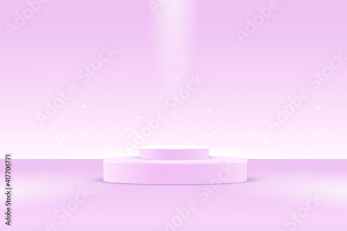A two-stage catwalk stage, or a platform for a minimalist pastel lilac background, sparkles with glowing particles. Vector round stand for 3d rendering, clean mockup