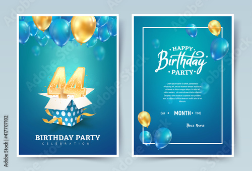 44th years birthday vector invitation double card. Forty four years wedding anniversary celebration brochure. Template of invitational for print on blue background photo