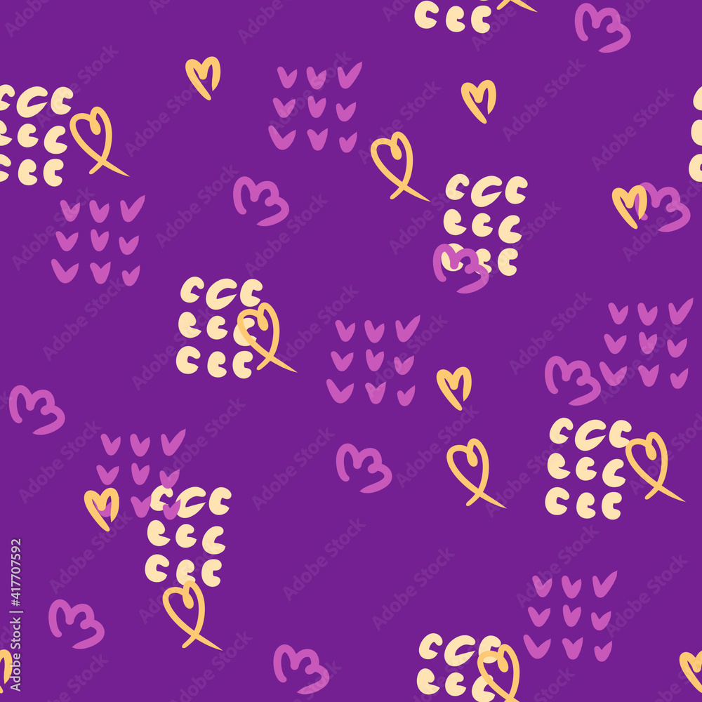 Purple, pink and yellow abstract template with doodle hearts and flowers.
