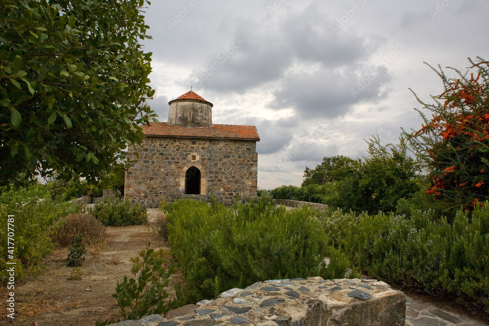The tiny Byzantine church of Timiou Stavros, Peléndhri, Cyprus, one of the Painted Churches in the Troodos Region, and thus a UNESCO World Heritage Site