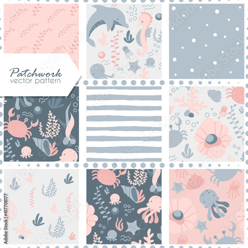Sea life seamless patchwork pattern. Seamless cartoon vector background.