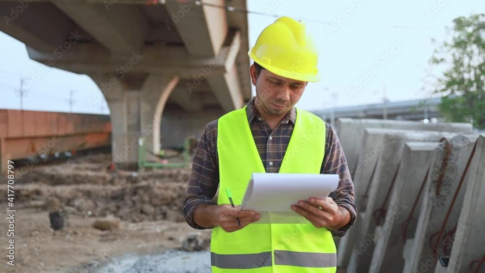 asian construction checking and inspecting on clipboard in construction site asian construction checking and inspecting on clipboard in construction site