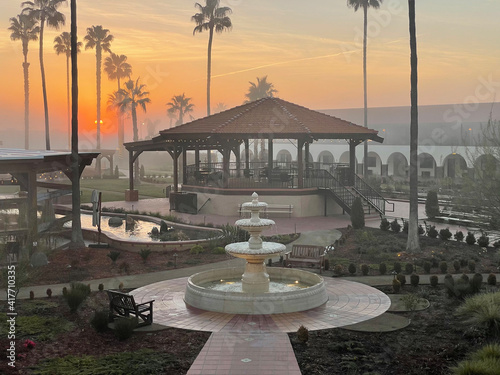 fountain at sunset