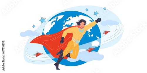 Vector cartoon flat superhero character in cape protecting humanity - web online site banner,mass pop culture,protection,aspiration,power,strength,confidence,responsibility social concept