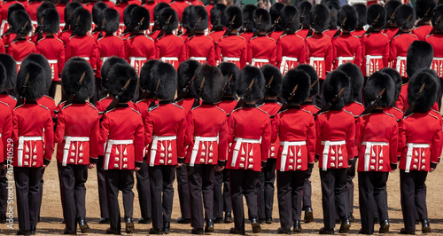 Fotografie Trooping the Colour, military ceremony at Horse Guards Parade, Westminster with the Coldstream Guards in their red and black traditional uniform and bearskin hats