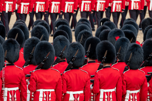 Stampa su tela Trooping the Colour, military ceremony at Horse Guards Parade, Westminster with the Coldstream Guards in their red and black traditional uniform and bearskin hats