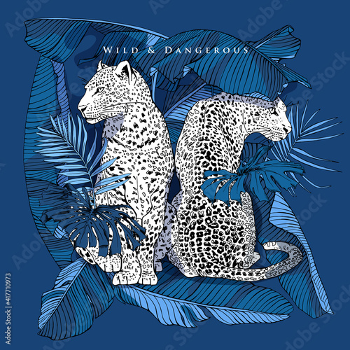 Sketch of a two sit leopard in a blue exotic palm, banana, monstera leaves. Wild and dangerous - lettering quote. T-shirt composition, Hand drawn style print. Vector illustration.