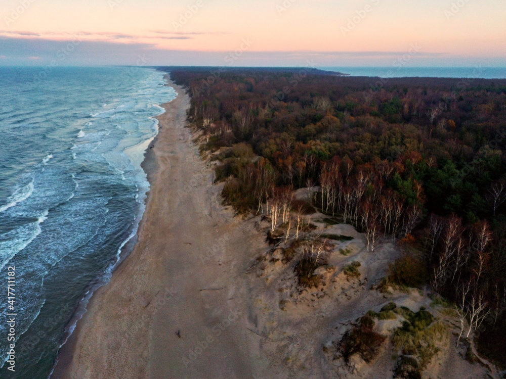 Coastline along the sandy beach aerial drone shot. Forest and cliffs on a cold day. Rocks by the ocean.