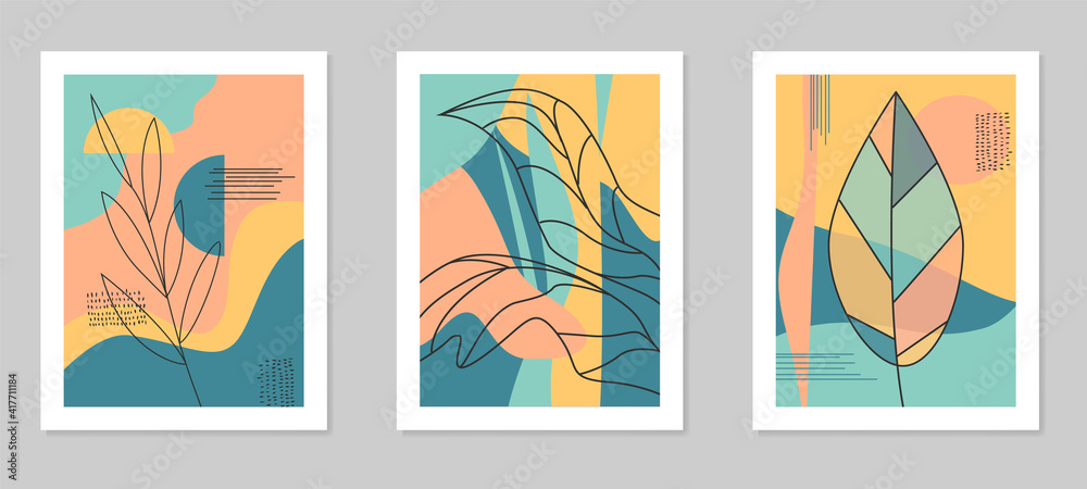 Floral wall art set. Botanical line art with abstract shapes.Vector modern illustration in a minimalistic style.