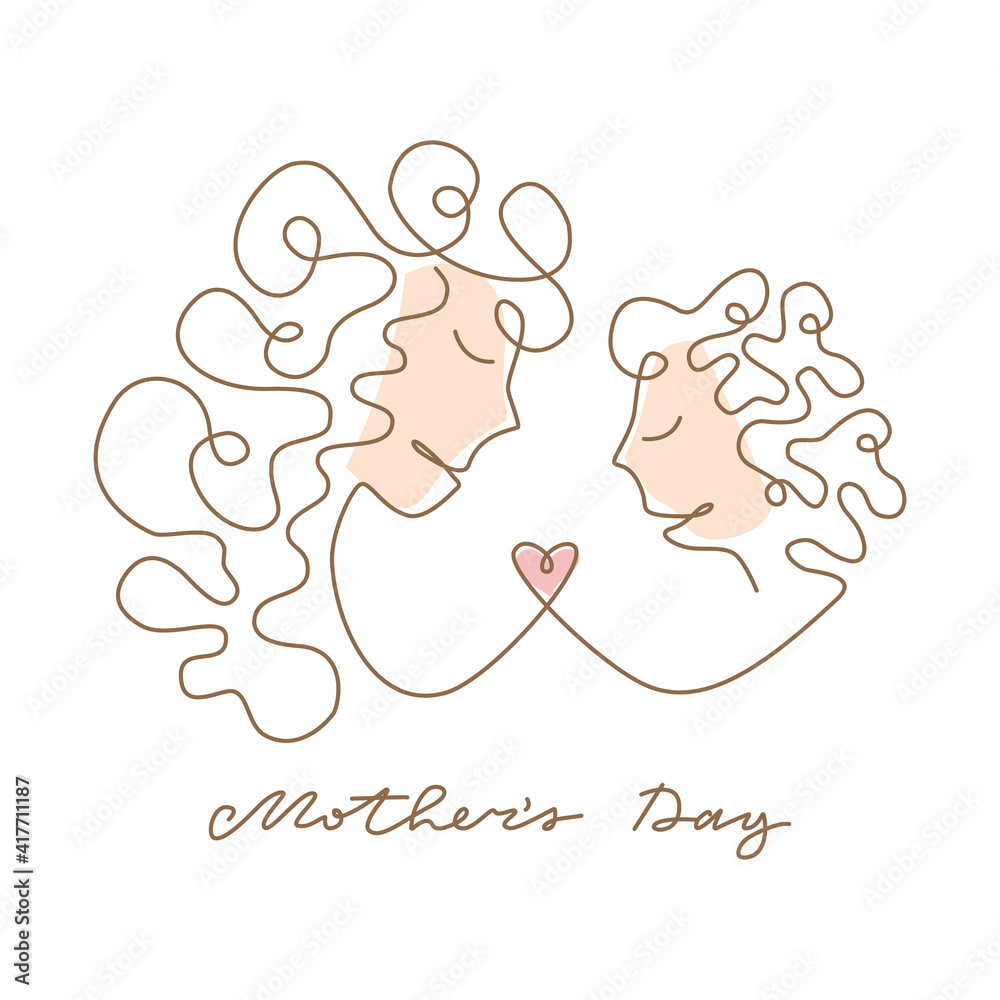 Simple vector illustration with mother and child, baby, lettering Mothers day. Drawn with line in trendy stile. Simple vector illustration with mother and child, baby, lettering Mothers day. Drawn with line in trendy stile.